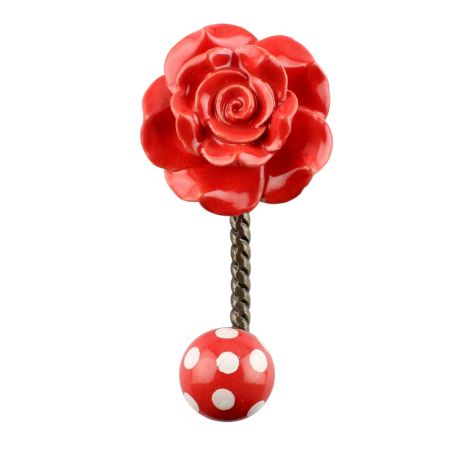 Red Flower Ceramic Wall Hook in Antique Fitting